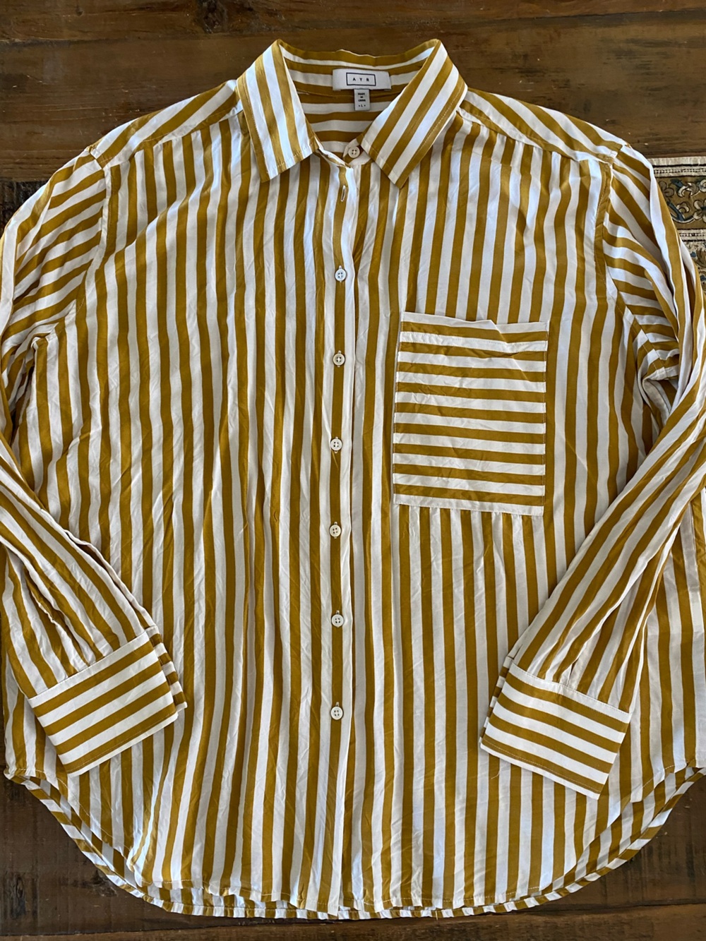 AYR Yellow and White Striped Button Down Shirt, Large - Picture 3 of 5